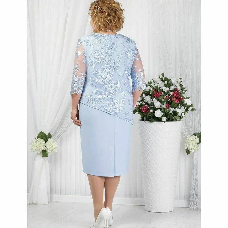 Mother Of The Bride Dress Elegant Plus Size Half Sleeve Lace Spandex Layered Knee Length