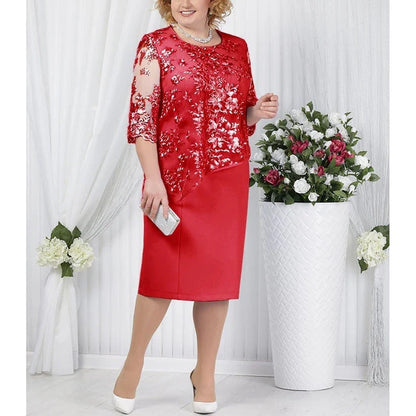 Mother Of The Bride Dress Elegant Plus Size Half Sleeve Lace Spandex Layered Knee Length