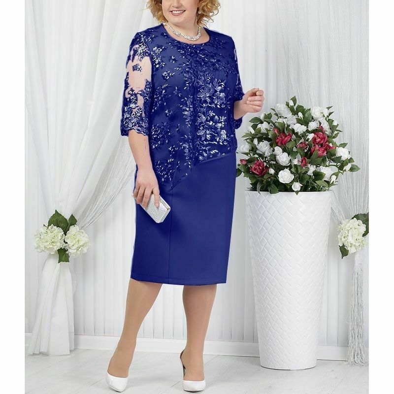 Mother Of The Bride Dress Elegant Plus Size Half Sleeve Lace Spandex Layered Knee Length