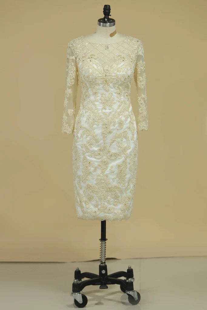 Mother of the Bride Dress Elegant Illusion Neck Knee Length 3/4 Sleeve Sheath Column with Embroidery