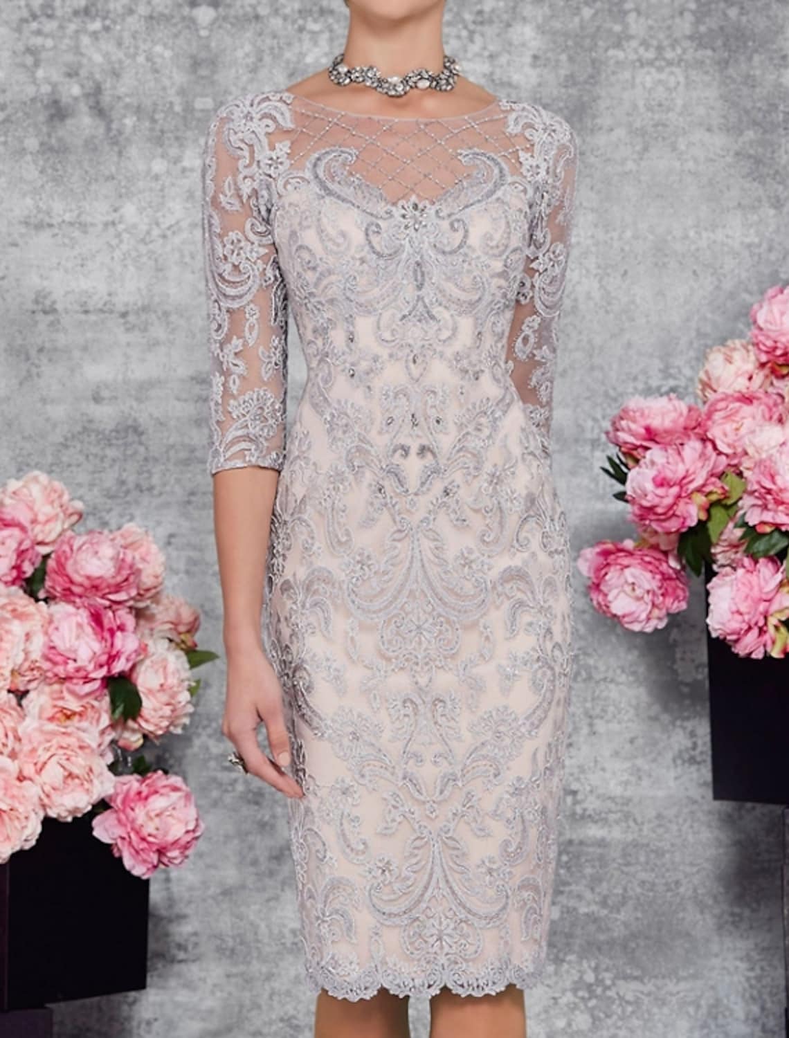 Mother of the Bride Dress Elegant Illusion Neck Knee Length 3/4 Sleeve Sheath Column with Embroidery