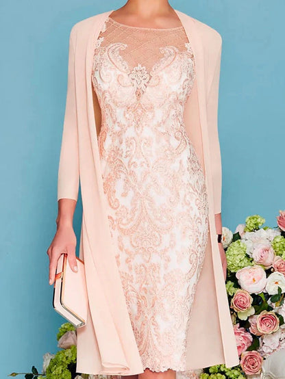 Mother of the Bride Dress Elegant Illusion Neck Knee Length 3/4 Sleeve Sheath Column with Embroidery