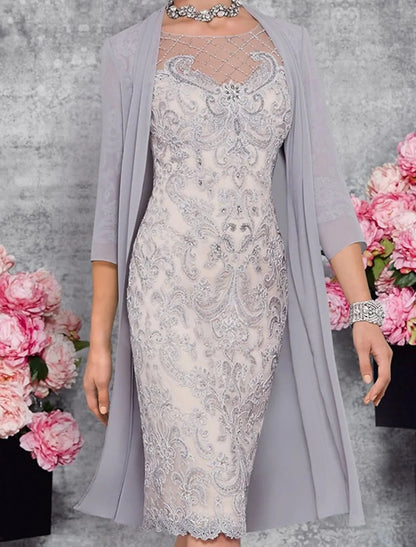 Mother of the Bride Dress Elegant Illusion Neck Knee Length 3/4 Sleeve Sheath Column with Embroidery