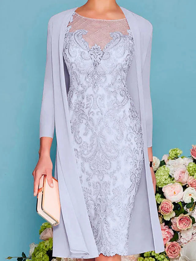 Mother of the Bride Dress Elegant Illusion Neck Knee Length 3/4 Sleeve Sheath Column with Embroidery