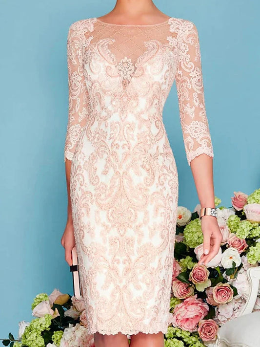 Mother of the Bride Dress Elegant Illusion Neck Knee Length 3/4 Sleeve Sheath Column with Embroidery