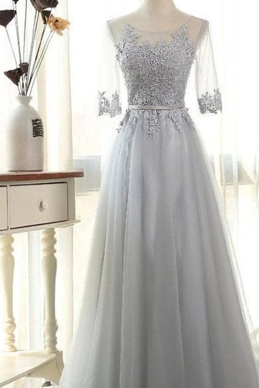 Elegant  A-Line Scoop Floor-Length Tulle Sleeves Prom Dresses