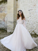 Wedding Dresses Elegant Scoop Neck Long Sleeves Tulle with Flower