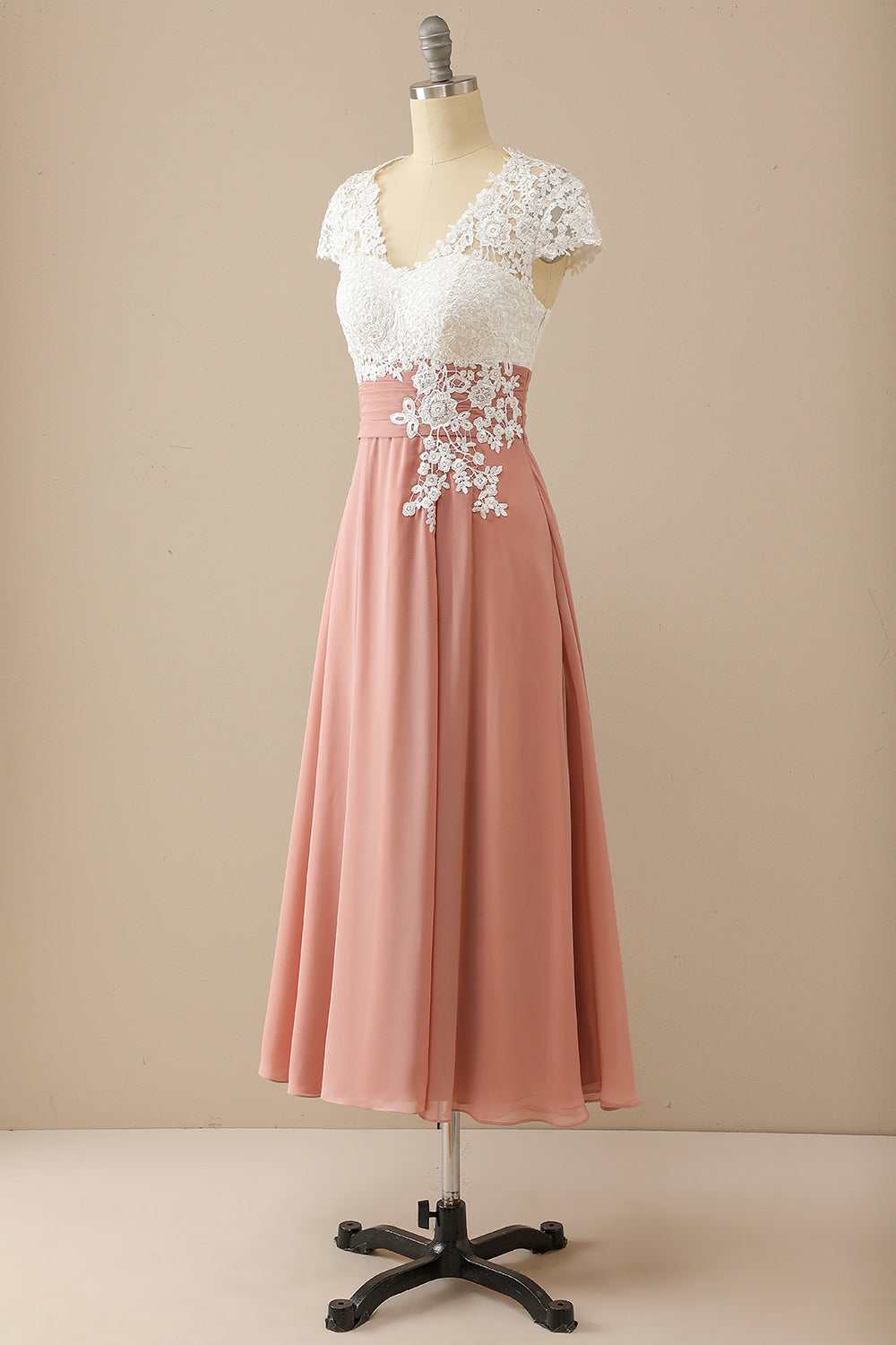 Mother of the Bride Dress Elegant V Neck Lace & Chiffon Cap Sleeve