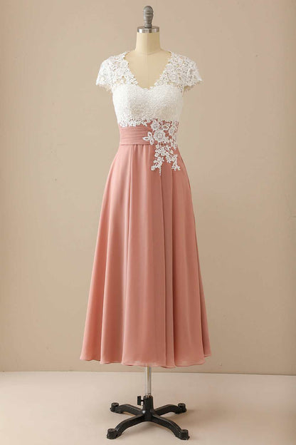 Mother of the Bride Dress Elegant V Neck Lace & Chiffon Cap Sleeve