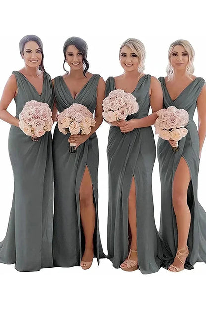 Bridesmaid Dress Rust Sheath Chiffon Ruched Long with Slit