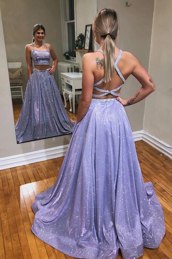 Two Piece Sequins Prom Dresses Open Back Evening Dresses