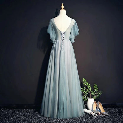 Beautiful Light Green Tulle Long Party Dress, Green Lace Low Back Prom Dress Evening Dress