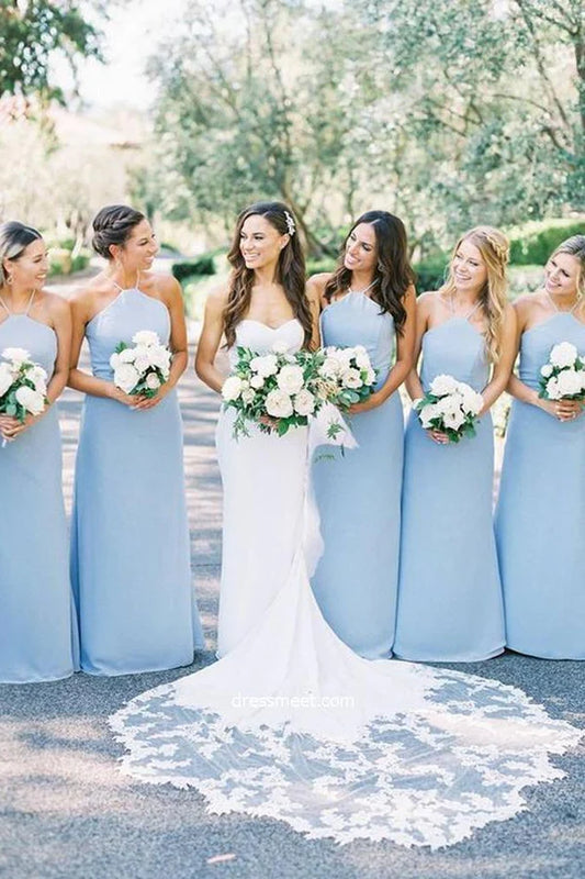 Bridesmaid Dresses Elegant Sheath Halter Light Blue Satin Long