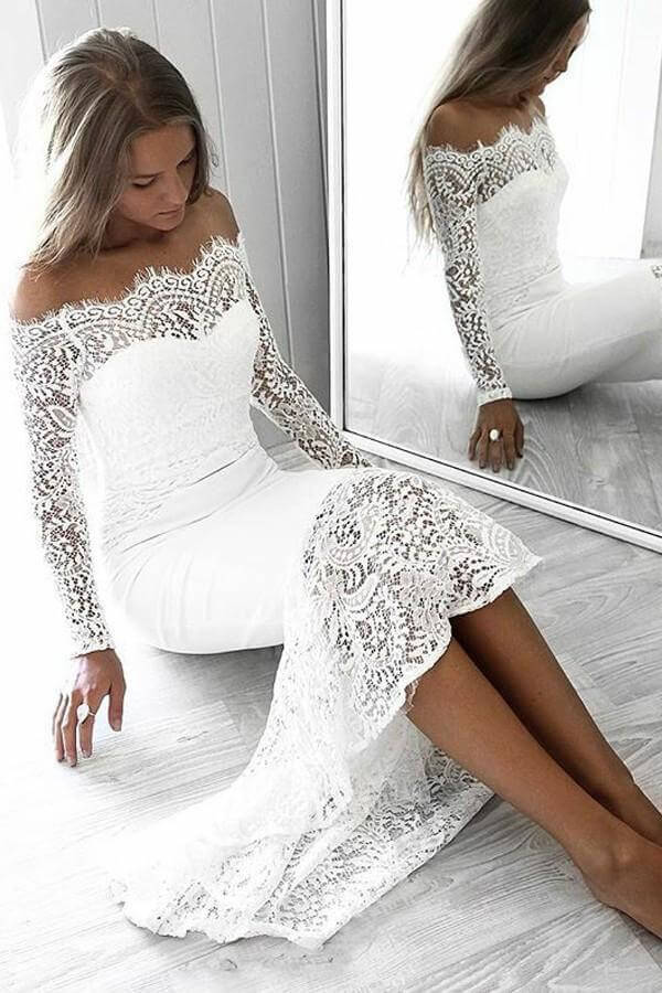 Prom Dresses Long Sleeve Lace Appliques Sheath  Off the Shoulder