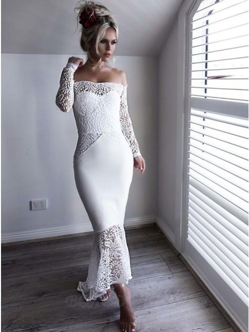 Prom Dresses Long Sleeve Lace Appliques Sheath  Off the Shoulder