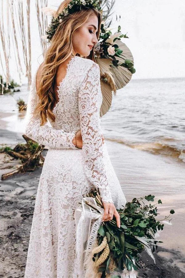 Long Sleeve Wedding Dresses Lace Appliqued Beach