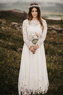 Long Sleeves Wedding Dress A-Line/Princess Appliques Floor-Length Chiffon