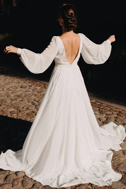 Wedding Dresses Long Sleeves  A Line Chiffon With Puff Sleeves