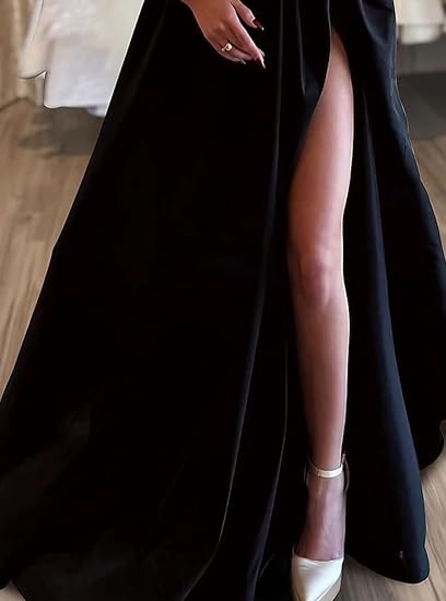 A-Line Sexy Formal Long Sleeve Off Shoulder Satin with Pearls Slit Evening Dress Fall November Wedding Guest Dress