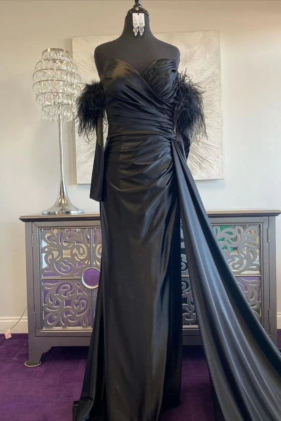 Prom Dress Mermaid Sweetheart Pleated Long Sleeves with Slit Feather