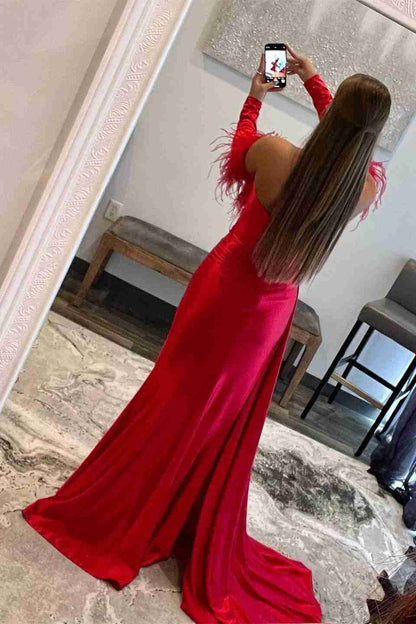 Prom Dress Mermaid Sweetheart Pleated Long Sleeves with Slit Feather