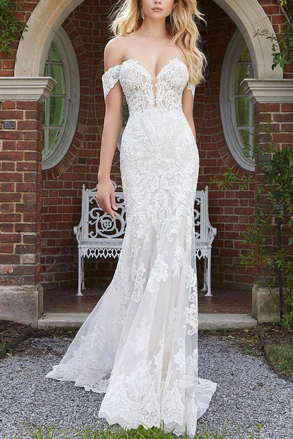 Mermaid Off The Shoulder Lace Sweep Train Zipper Wedding Dresses