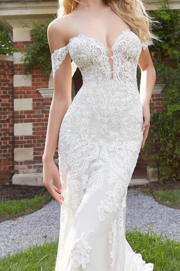 Mermaid Off The Shoulder Lace Sweep Train Zipper Wedding Dresses