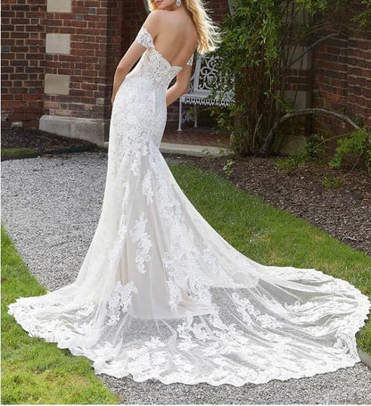 Mermaid Off The Shoulder Lace Sweep Train Zipper Wedding Dresses