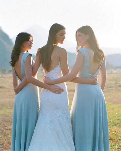 Bridesmaid Dresses Simple A Line Chiffon V Neck Blue Sleeveless Long