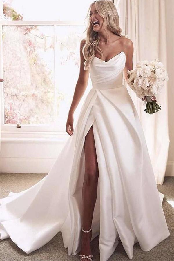 Wedding Dresses New Arrival A Line Satin Strapless With Court Train