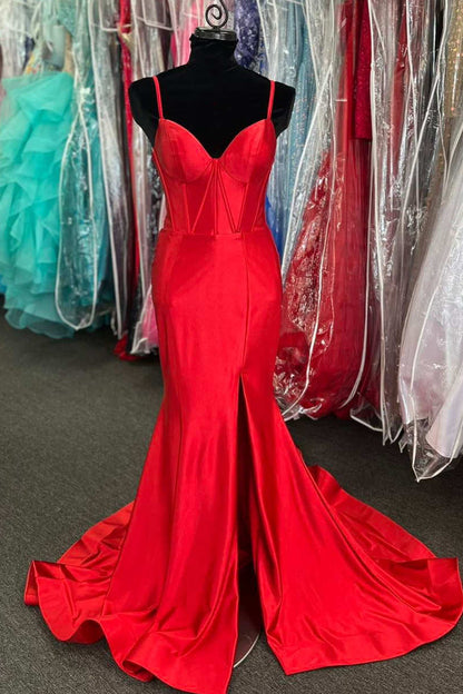 New Arrival Prom Dresses Straps Satin Slit Mermaid