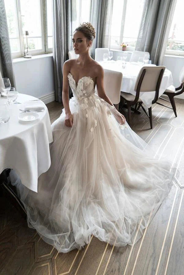 New Arrival Sweetheart A Line Tulle With Beading Floral Wedding Dresses