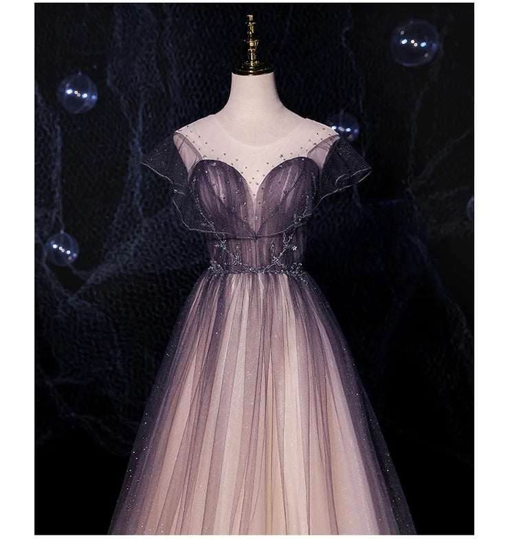 Charming Tulle Gradient Cap Sleeves Long Party Dress, A-Line Evening Gown