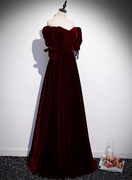 Wine Red Velvet Floor Length Short Sleeves Party Dress, A-line Wine Red Bridesmaid Dress