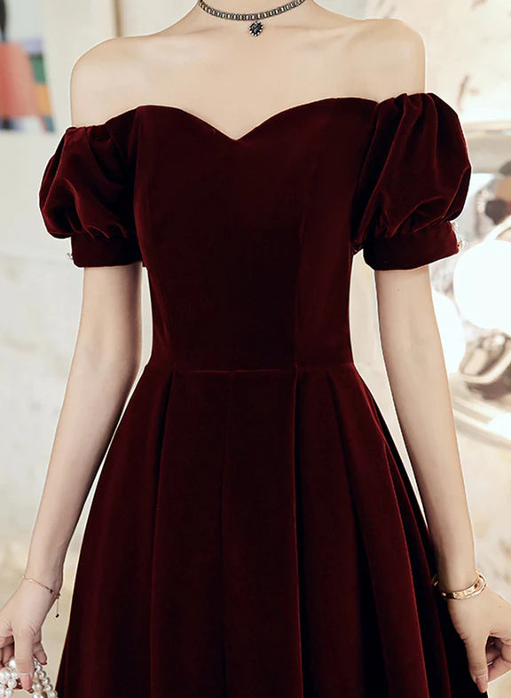 Wine Red Velvet Tea Length Off Shoulder Party Dress, Wine Red Bridesmaid Dress