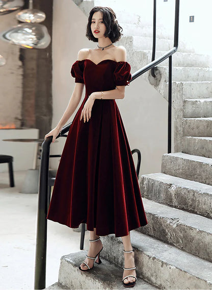 Wine Red Velvet Tea Length Off Shoulder Party Dress, Wine Red Bridesmaid Dress