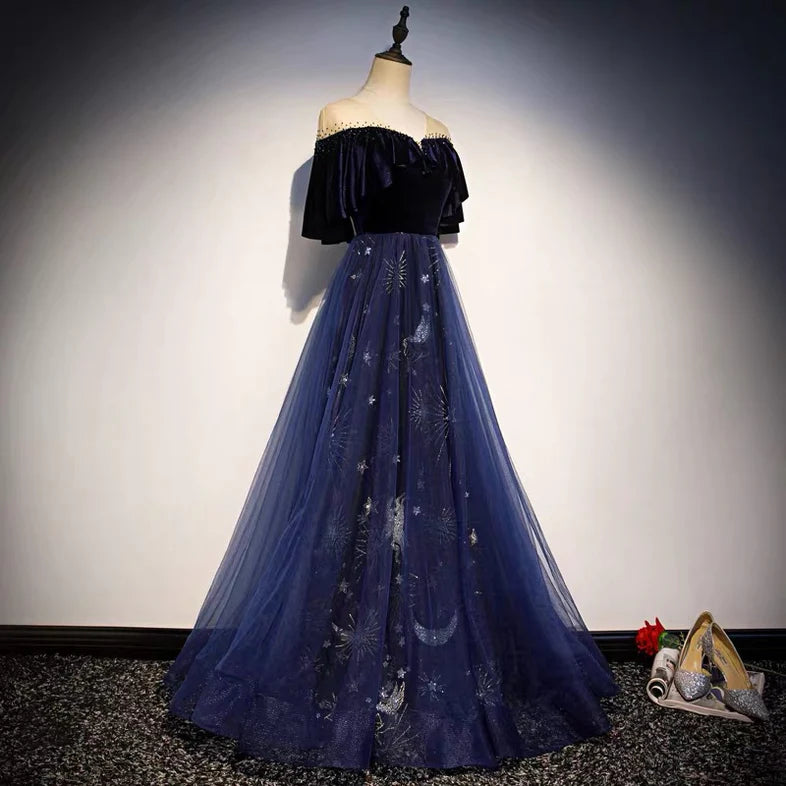 Blue Tulle with Velvet Long Party Dress, A-line Off Shoulder Formal Dress Prom Dress