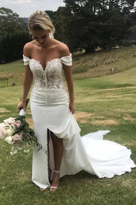 Wedding Gowns Off the Shoulder Slit Mermaid Sweetheart Wedding Dresses with