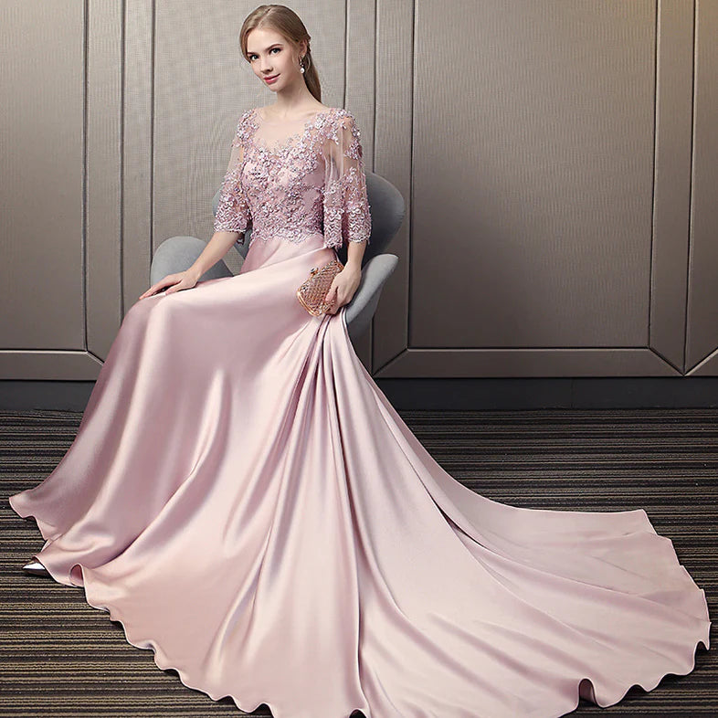 Pink Soft Satin Long Party Dress with Lace Top, A-line Pink Evening Dress Prom Dress