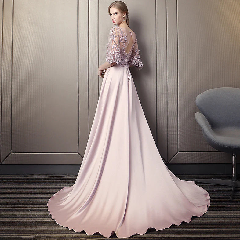 Pink Soft Satin Long Party Dress with Lace Top, A-line Pink Evening Dress Prom Dress