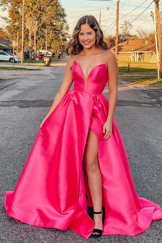 Plus Size Prom Dress A-Line Satin Strapless  with Slit