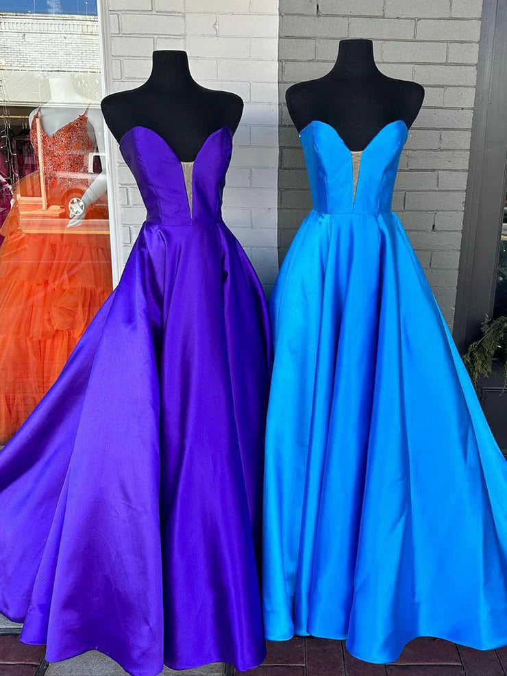 Plus Size Prom Dress A-Line Satin Strapless  with Slit