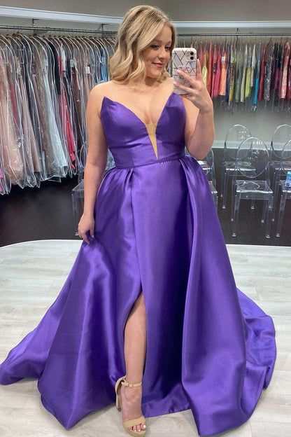 Plus Size Prom Dress A-Line Satin Strapless  with Slit