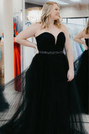 Plus Size Prom Dress A Line Strapless Tulle Long with Beading