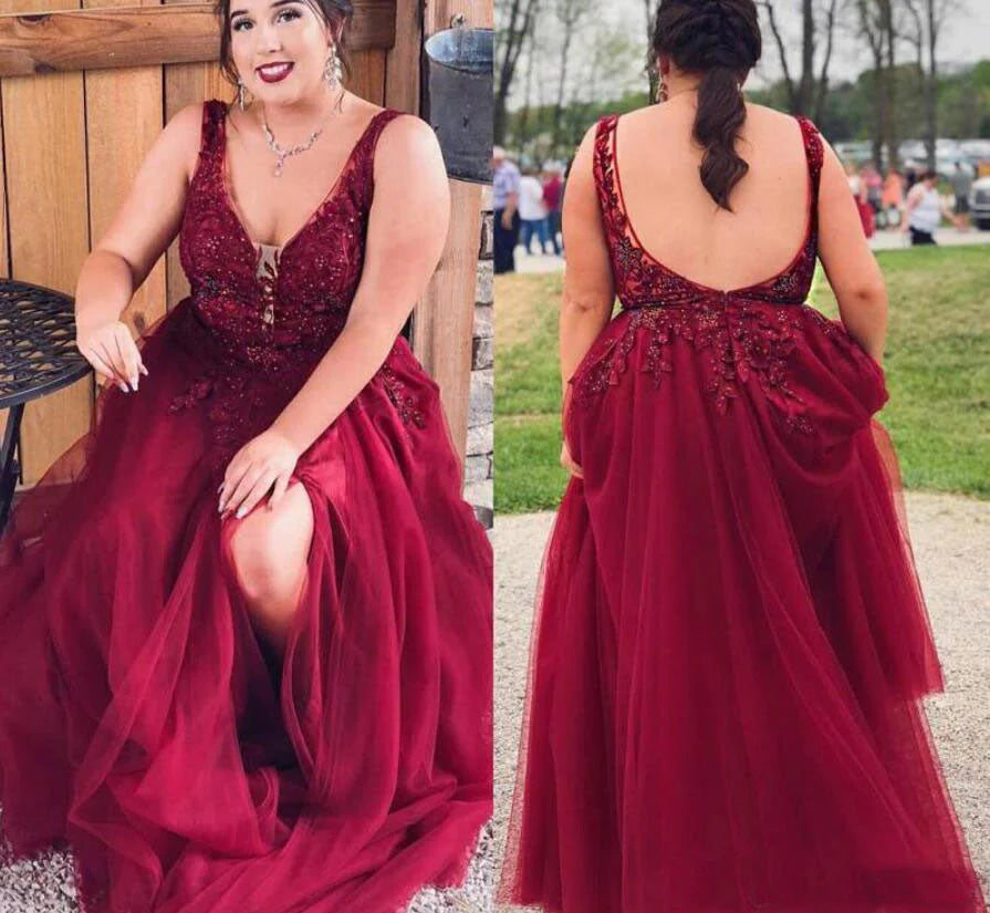 Plus Size Prom Dresses A Line V Neck Tulle With Beads