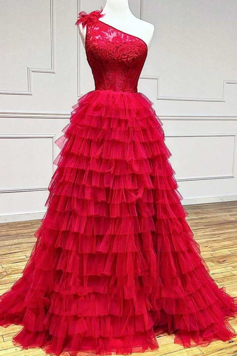 Plus Size Prom Dress Ball Gown Lace One Shoulder Multi-Tiered  with Ruffles