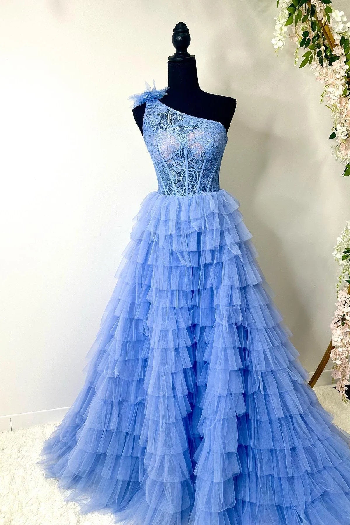 Plus Size Prom Dress Ball Gown Lace One Shoulder Multi-Tiered  with Ruffles