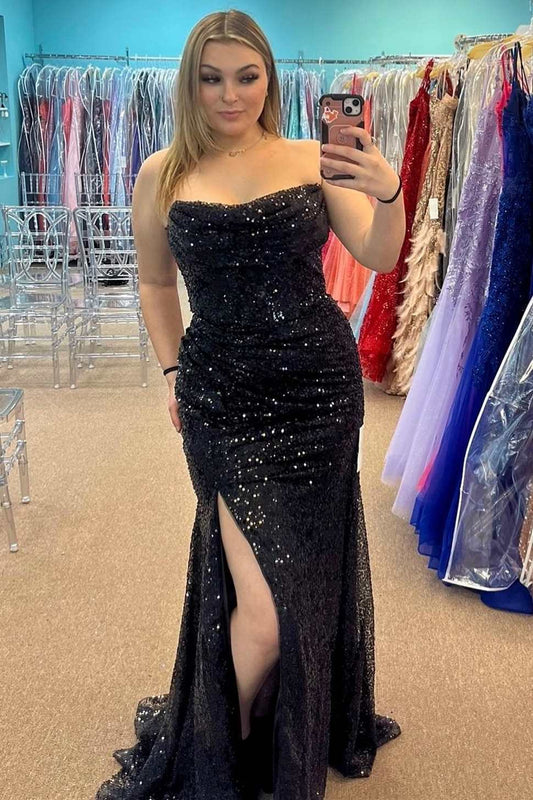 Plus Size Prom Dress Sequins Strapless Mermaid Long with Slit