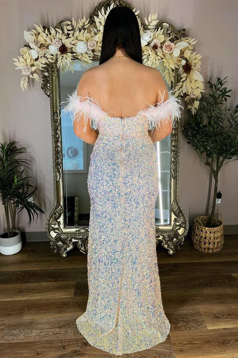 Plus Size Prom Dress Sequin Feather Off the Shoulder Sheath Long with Slit