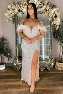 Plus Size Prom Dress Sequin Feather Off the Shoulder Sheath Long with Slit